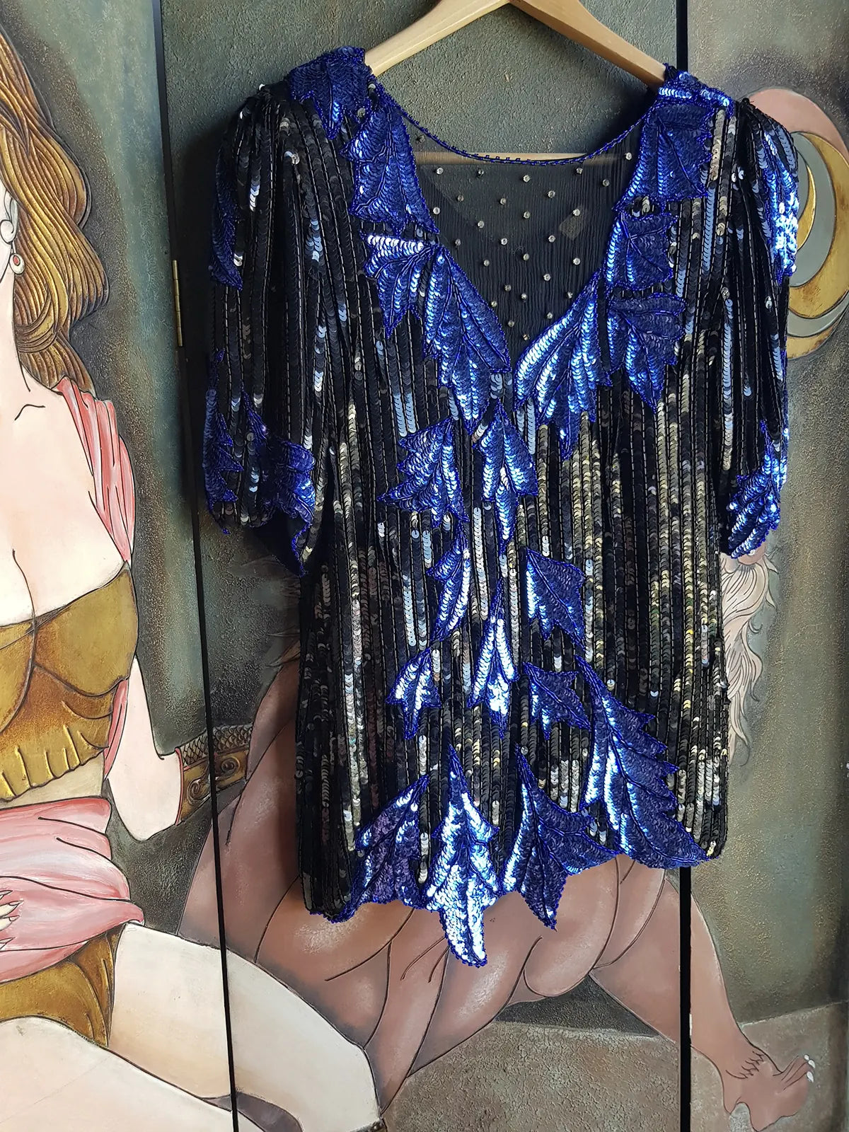Wild Vintage 100% Crystallized Silk & Sequin -  Asymmetrical Black & Blue - Statement Evening Top