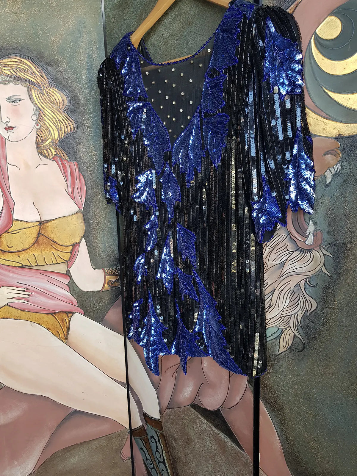 Wild Vintage 100% Crystallized Silk & Sequin -  Asymmetrical Black & Blue - Statement Evening Top