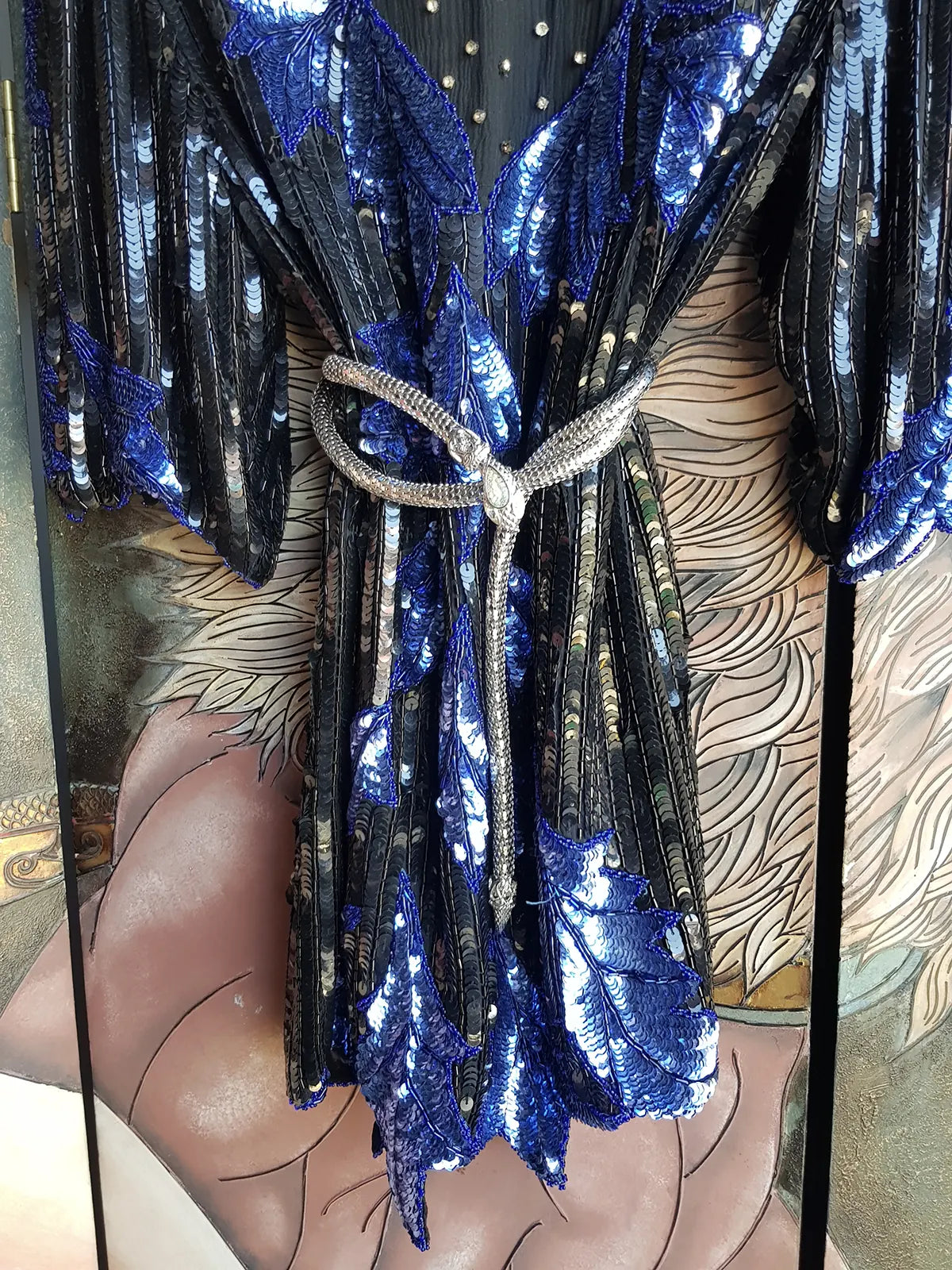 Wild Vintage 100% Crystallized Silk & Sequin -  Asymmetrical Black & Blue - Statement Evening Top