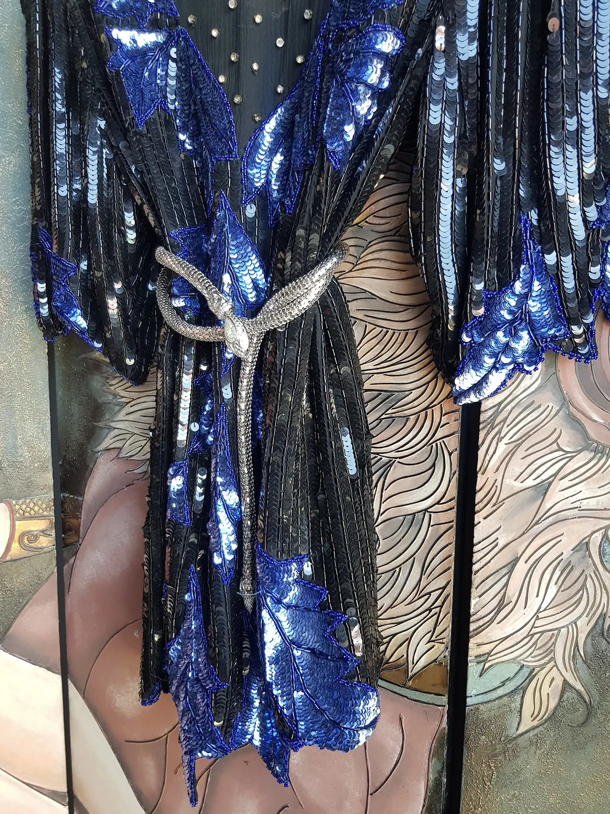 Wild Vintage 100% Crystallized Silk & Sequin -  Asymmetrical Black & Blue - Statement Evening Top