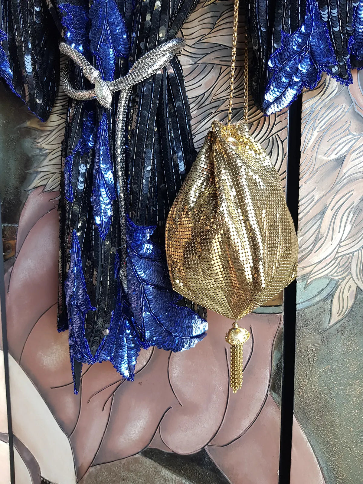 1960s Antique Designer Gold Chainmail Pouch Evening Tassel Bag - Long Chain - Drawstring Closure - Lined