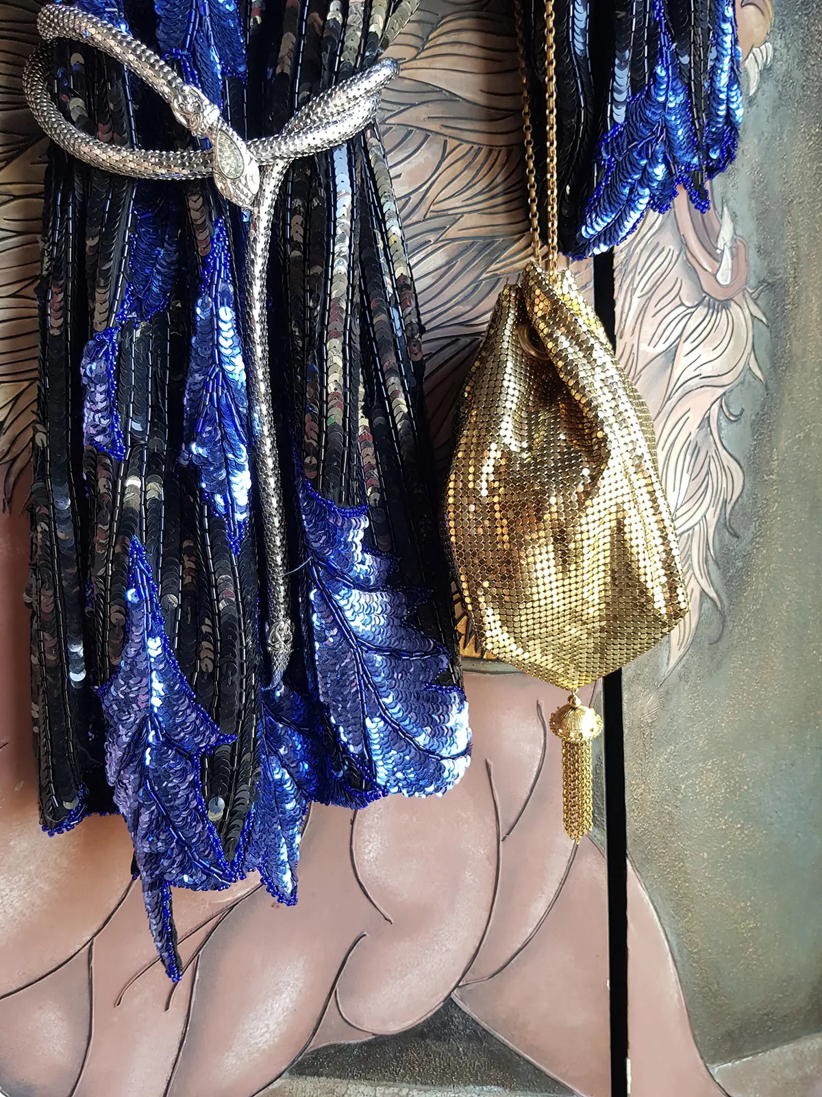 1960s Antique Designer Gold Chainmail Pouch Evening Tassel Bag - Long Chain - Drawstring Closure - Lined