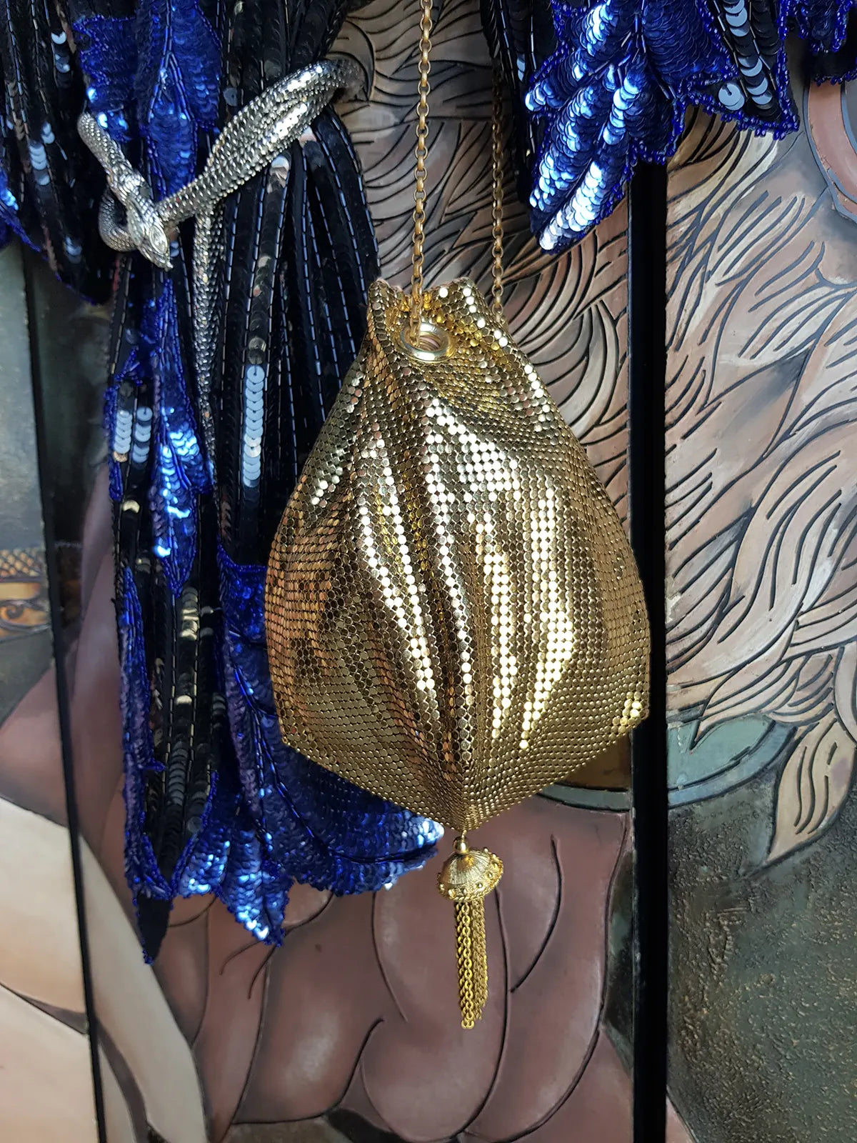 1960s Antique Designer Gold Chainmail Pouch Evening Tassel Bag - Long Chain - Drawstring Closure - Lined