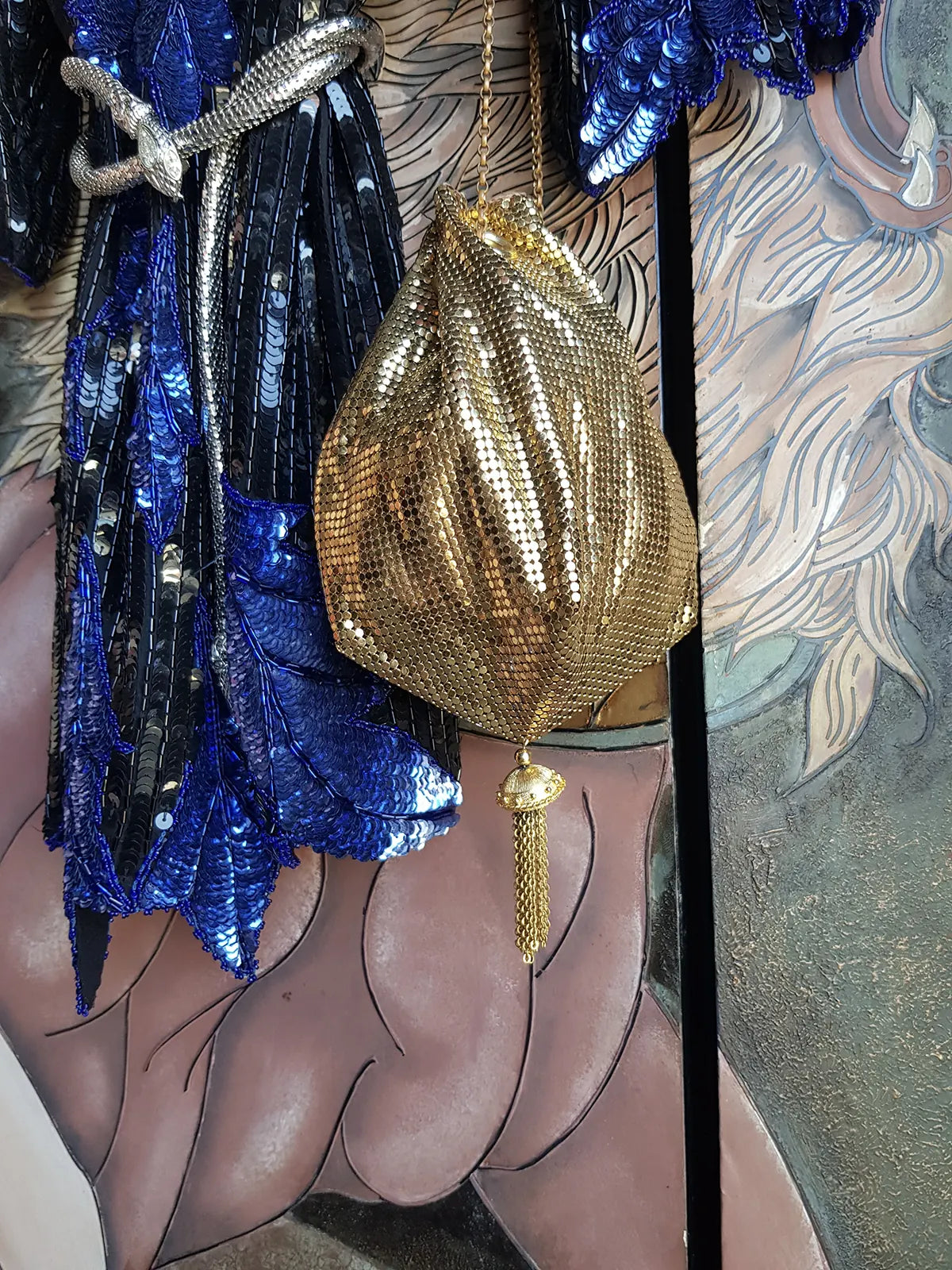 1960s Antique Designer Gold Chainmail Pouch Evening Tassel Bag - Long Chain - Drawstring Closure - Lined