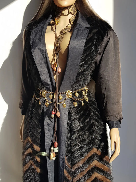 1980s Vintage Fox Fur Reversible Puffer Coat - Super Soft Layers of Genuine Fur in Black & Tobacco Brown - Oversized Puffer style with Collar - knee length