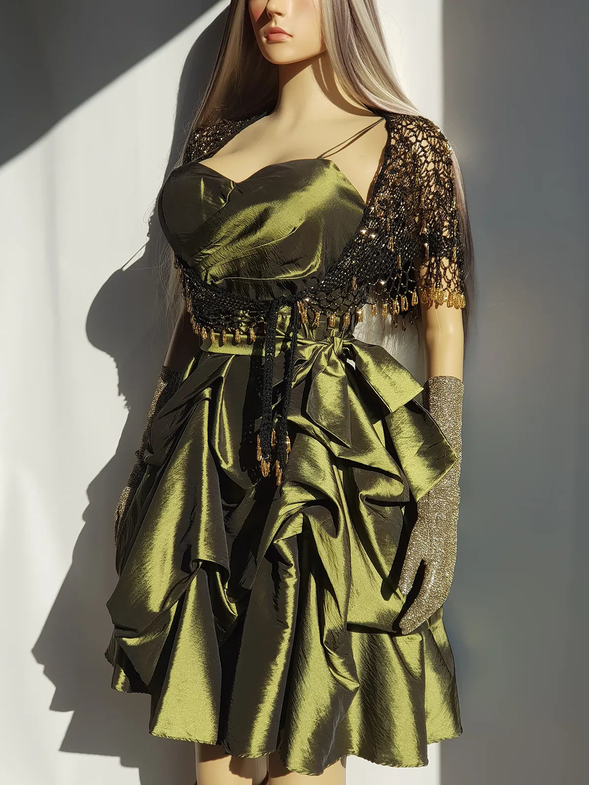2000s Whimsical Iridescent Fairy Dress in Mystical Olive Green - Bubble Dress - Waist Tie Detailing