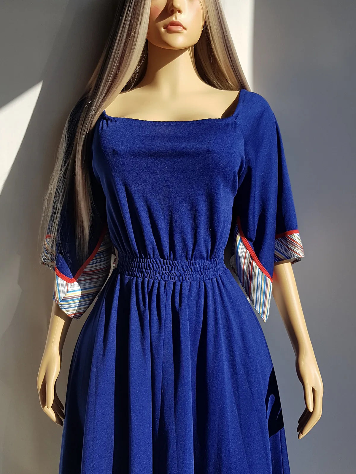 1970s Vintage Handkerchief Summertime Dress - Hourglass Waist - Off Shoulder & Knee Length - Absolutely Beautiful Asymmetrical Sleeves - Elastic Waist