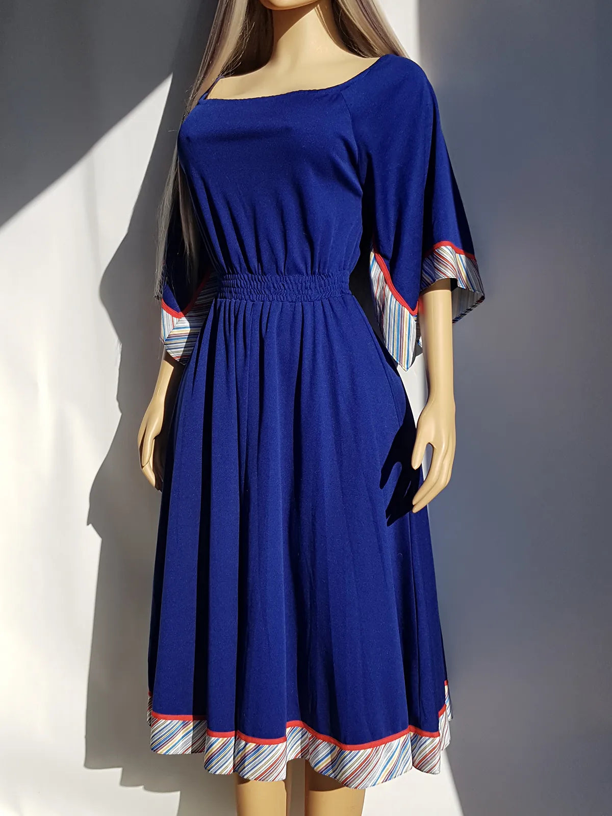 1970s Vintage Handkerchief Summertime Dress - Hourglass Waist - Off Shoulder & Knee Length - Absolutely Beautiful Asymmetrical Sleeves - Elastic Waist