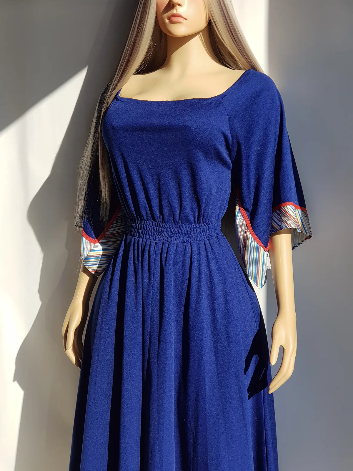 1970s Vintage Handkerchief Summertime Dress - Hourglass Waist - Off Shoulder & Knee Length - Absolutely Beautiful Asymmetrical Sleeves - Elastic Waist