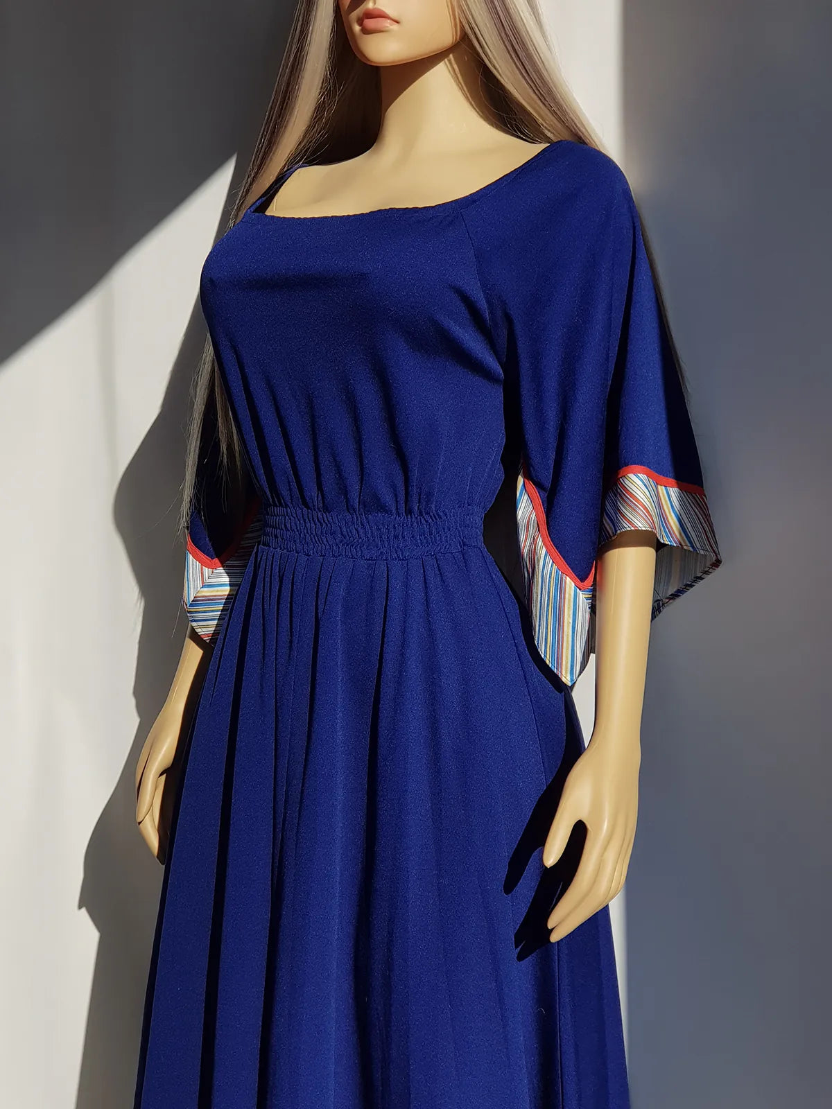 1970s Vintage Handkerchief Summertime Dress - Hourglass Waist - Off Shoulder & Knee Length - Absolutely Beautiful Asymmetrical Sleeves - Elastic Waist