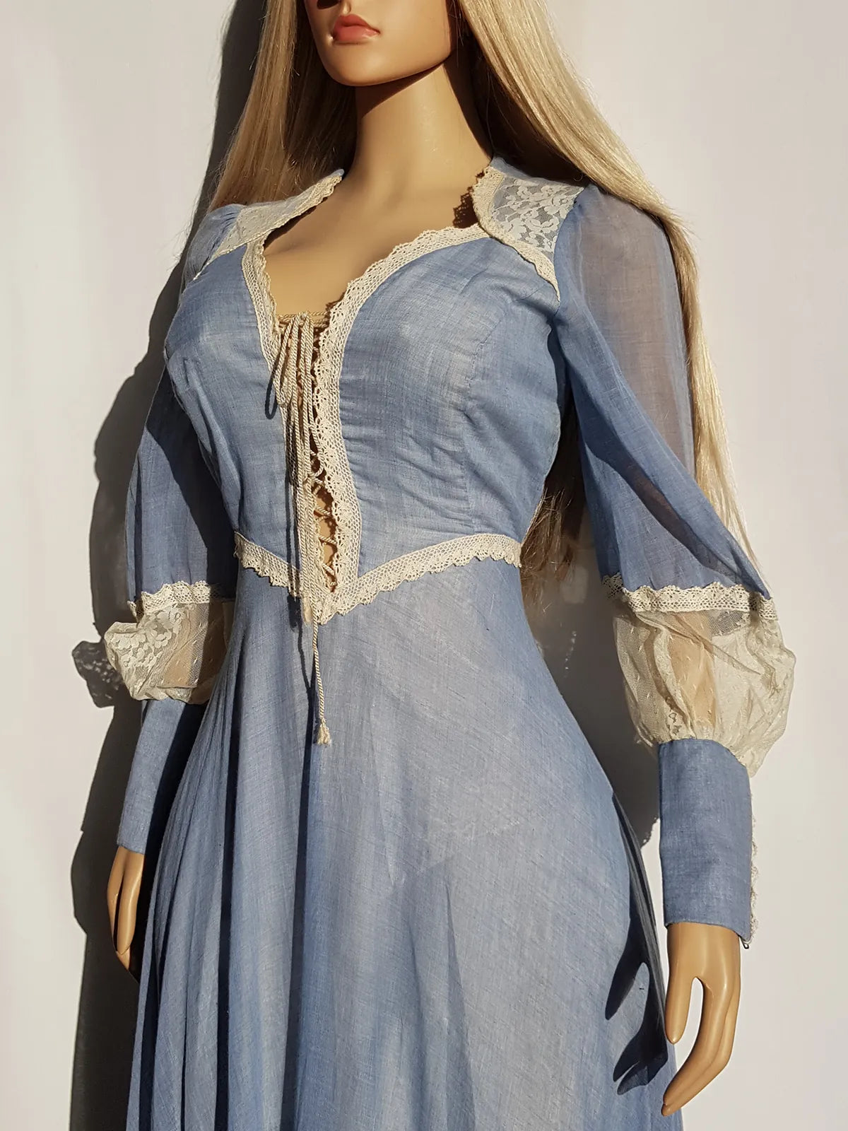 1970s Authentic Gunne Sax Vintage Bridal Quality Multi Layer Summertime Dress - Blue Cotton & Ivory Lace - Corset Top Hourglass Waist & Flared Full Length Skirt - Double Layered Light & Flouncy - Unbelievably Beautiful