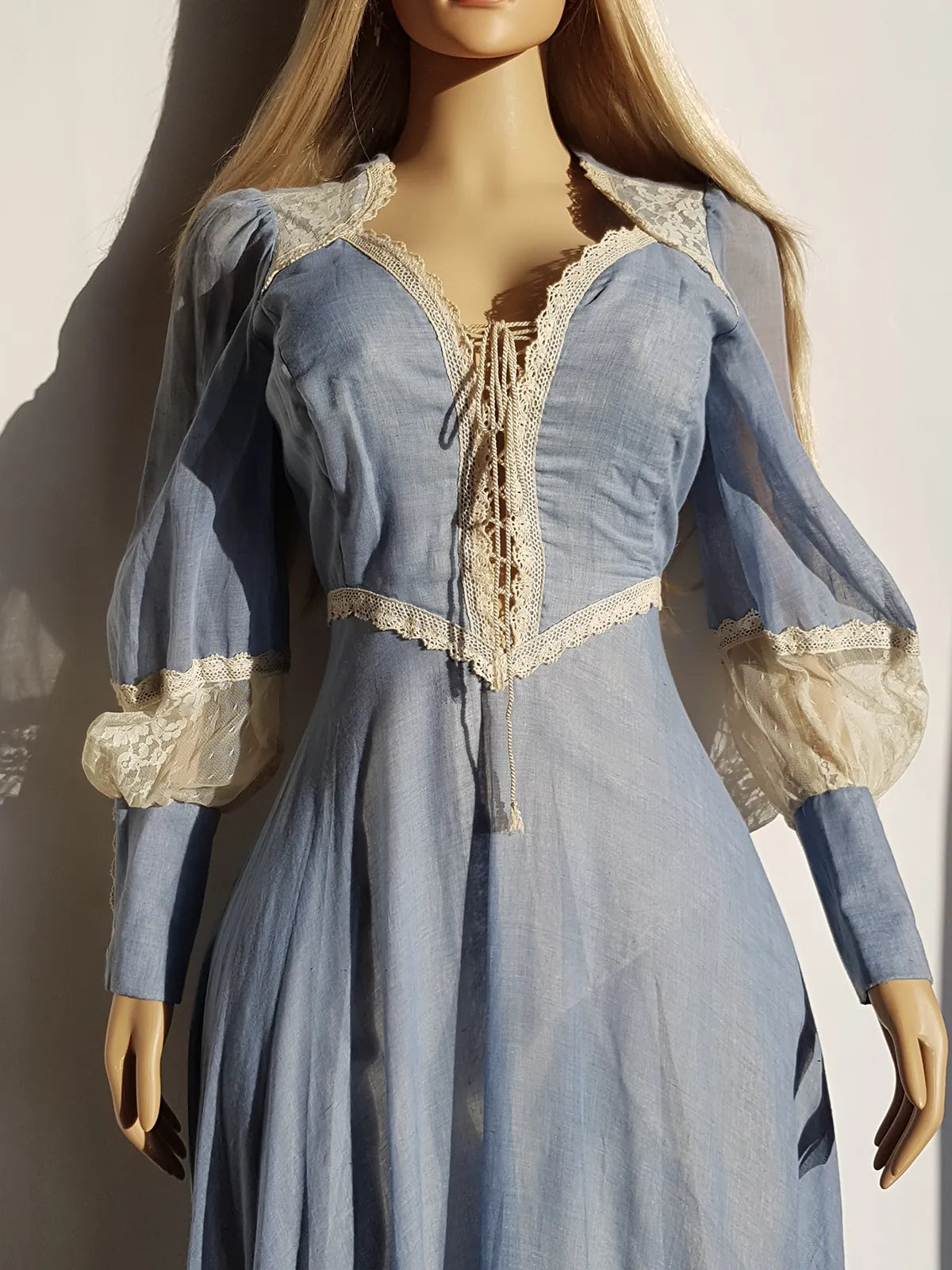1970s Authentic Gunne Sax Vintage Bridal Quality Multi Layer Summertime Dress - Blue Cotton & Ivory Lace - Corset Top Hourglass Waist & Flared Full Length Skirt - Double Layered Light & Flouncy - Unbelievably Beautiful
