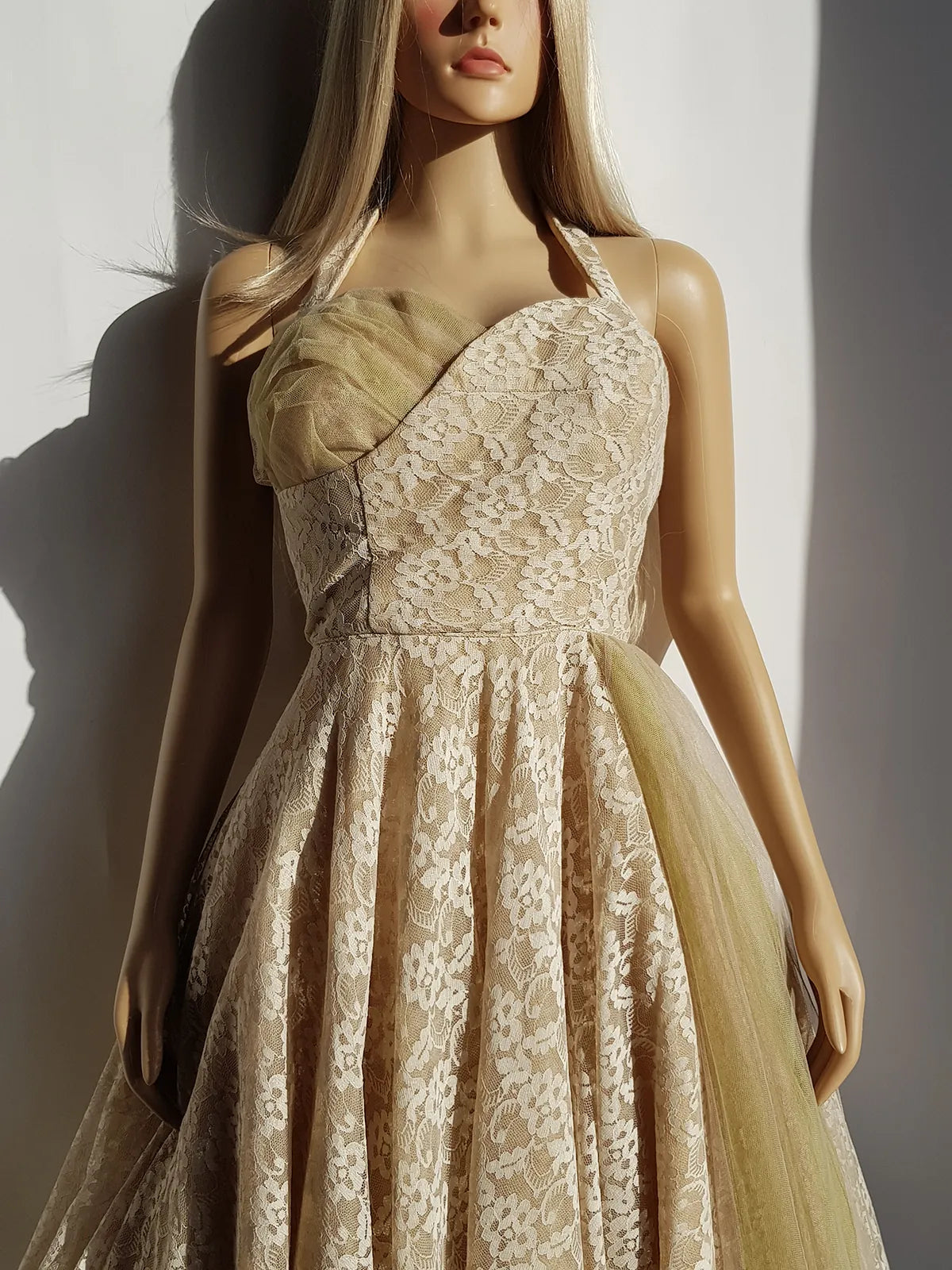 1950s One of a Kind Couture Standout Piece -  Frothy Matcha Latte Lace Gown - Halter Top & Tailored Bust - Unique Tones of Latte & Muted Matcha Greens - Structural Mesh Bust & Skirt Features - Multiple Layers of Lace & Mesh