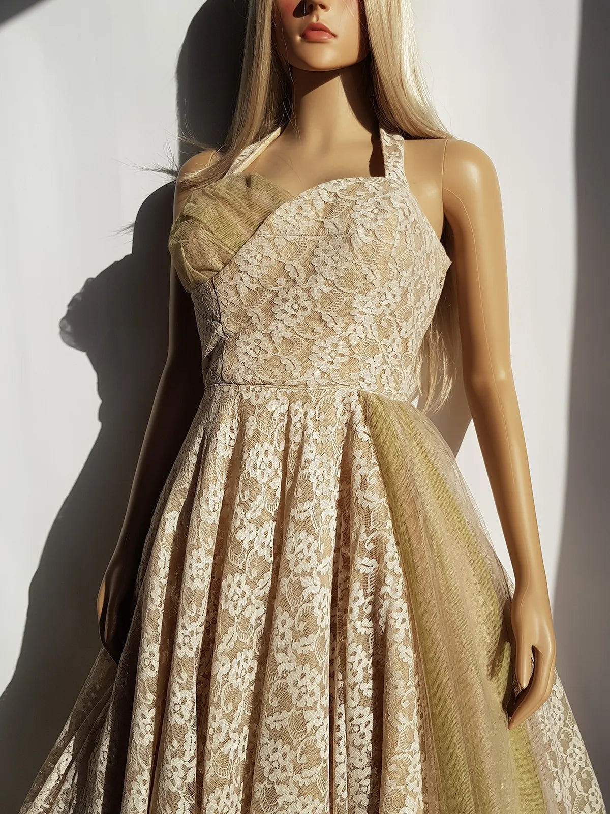 1950s One of a Kind Couture Standout Piece -  Frothy Matcha Latte Lace Gown - Halter Top & Tailored Bust - Unique Tones of Latte & Muted Matcha Greens - Structural Mesh Bust & Skirt Features - Multiple Layers of Lace & Mesh