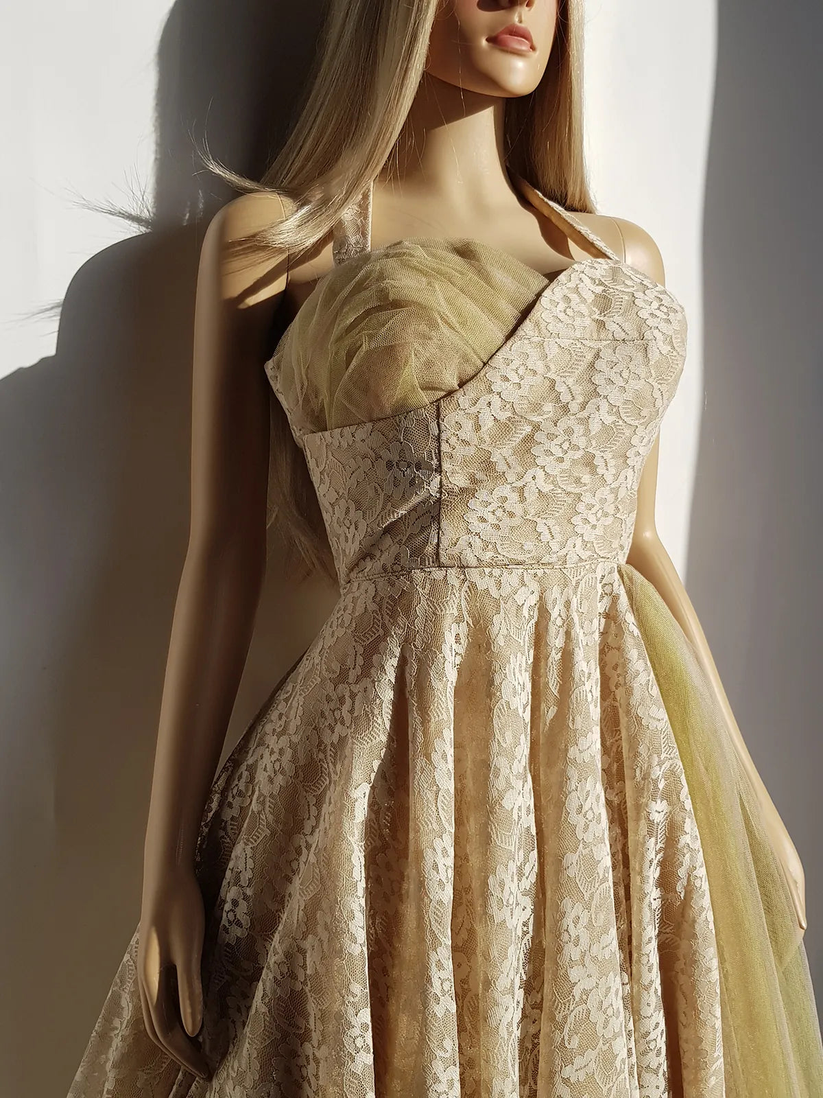 1950s One of a Kind Couture Standout Piece -  Frothy Matcha Latte Lace Gown - Halter Top & Tailored Bust - Unique Tones of Latte & Muted Matcha Greens - Structural Mesh Bust & Skirt Features - Multiple Layers of Lace & Mesh