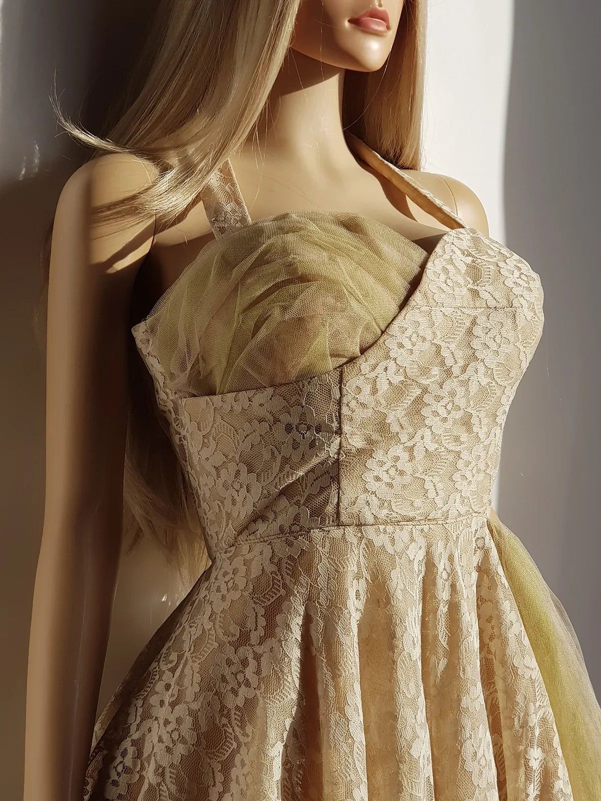 1950s One of a Kind Couture Standout Piece -  Frothy Matcha Latte Lace Gown - Halter Top & Tailored Bust - Unique Tones of Latte & Muted Matcha Greens - Structural Mesh Bust & Skirt Features - Multiple Layers of Lace & Mesh