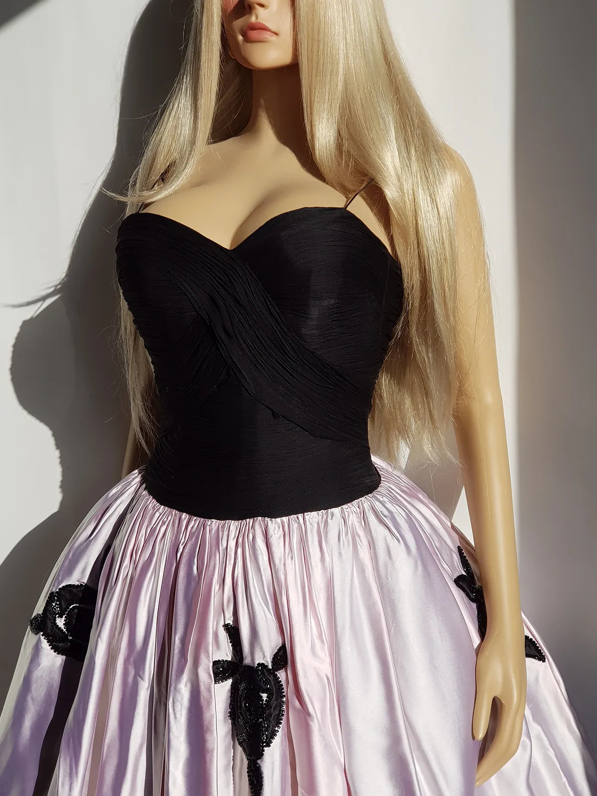 English Made Rare Silk Couture Gown with Hand Applique & Crystallization - Ballet Slipper Pink & Black - Silk & Silk Satin - Multi Layered Flared Skirt with exaggerated tulle petticoat underneath