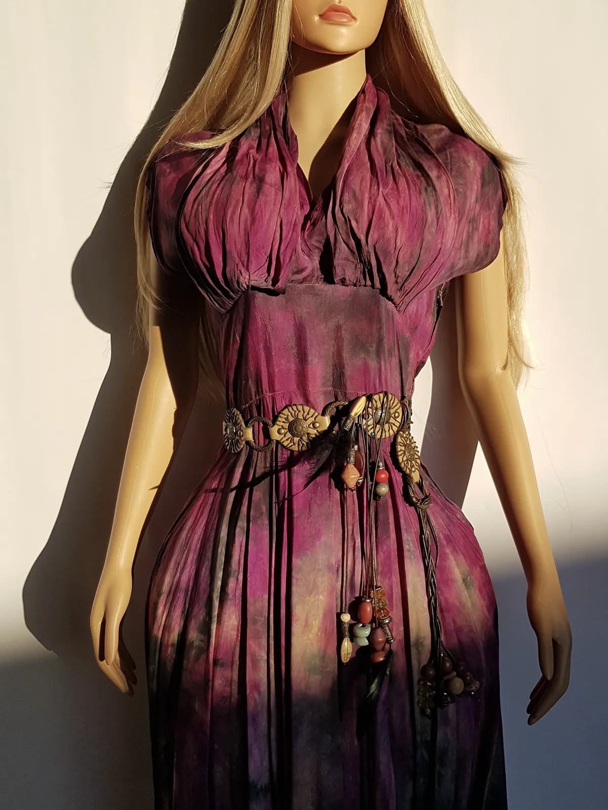 Spectacular 1950s Amethyst Purple & Green Toned Hand Dyed One of a Kind Hourglass Dress - Pure Cotton - Gathered Sculptural Bust - Fitted Waist - Flared Skirt