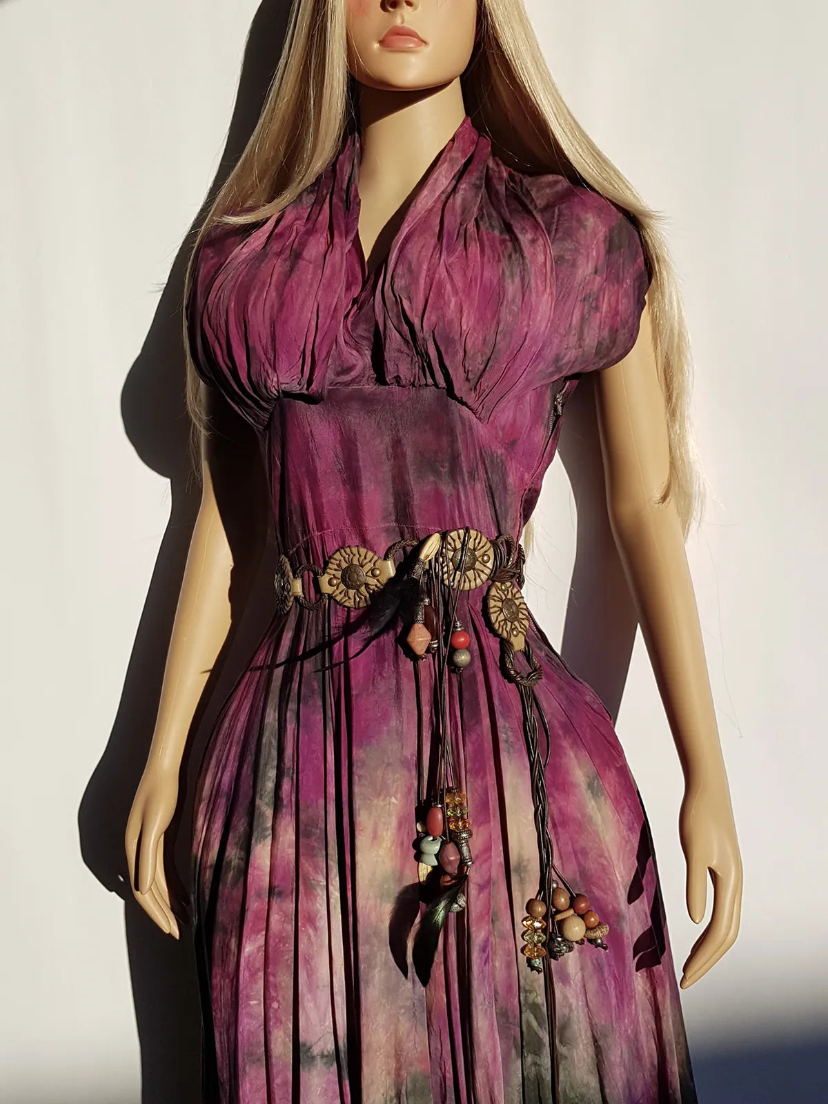 Spectacular 1950s Amethyst Purple & Green Toned Hand Dyed One of a Kind Hourglass Dress - Pure Cotton - Gathered Sculptural Bust - Fitted Waist - Flared Skirt