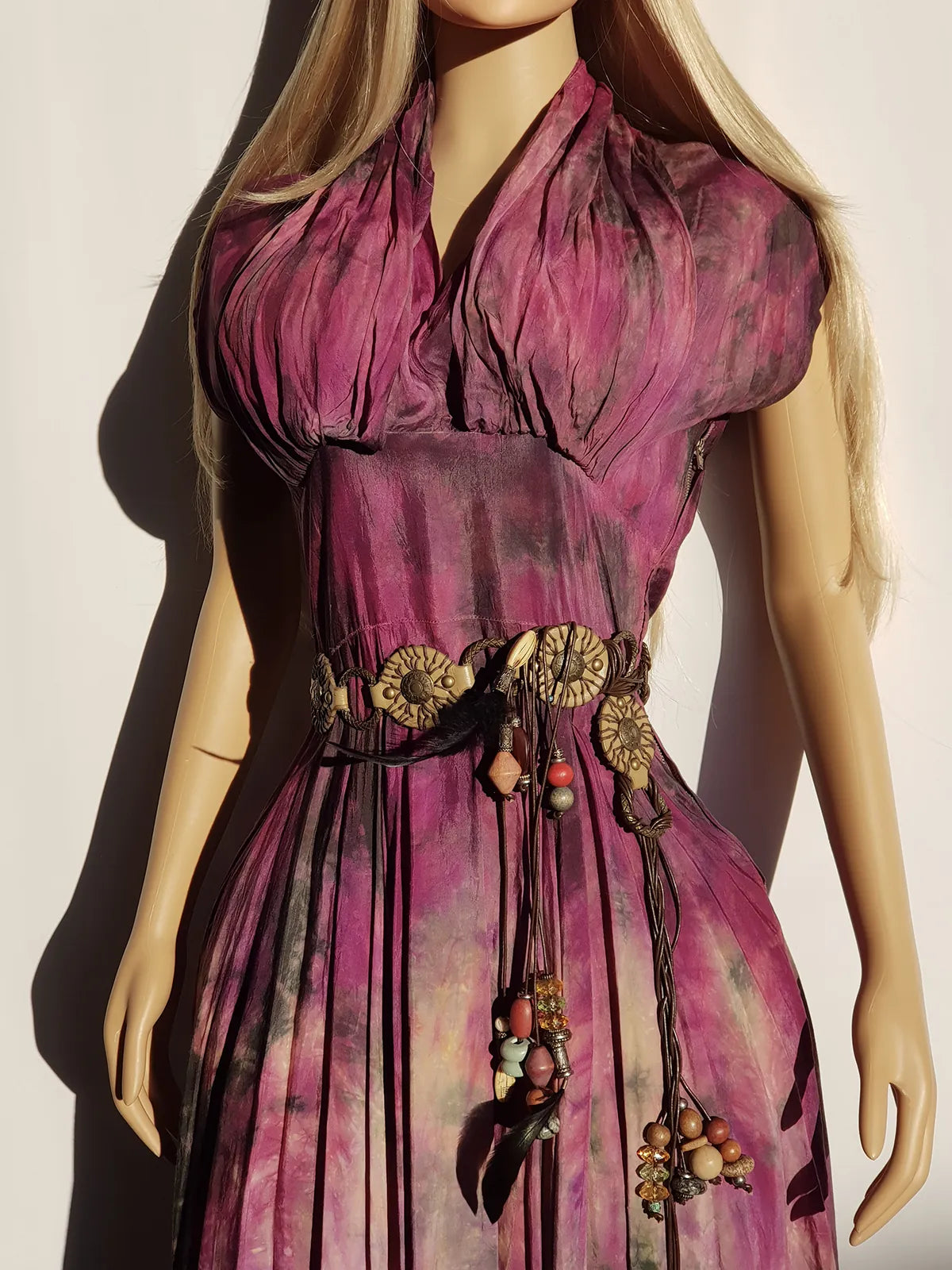 Spectacular 1950s Amethyst Purple & Green Toned Hand Dyed One of a Kind Hourglass Dress - Pure Cotton - Gathered Sculptural Bust - Fitted Waist - Flared Skirt