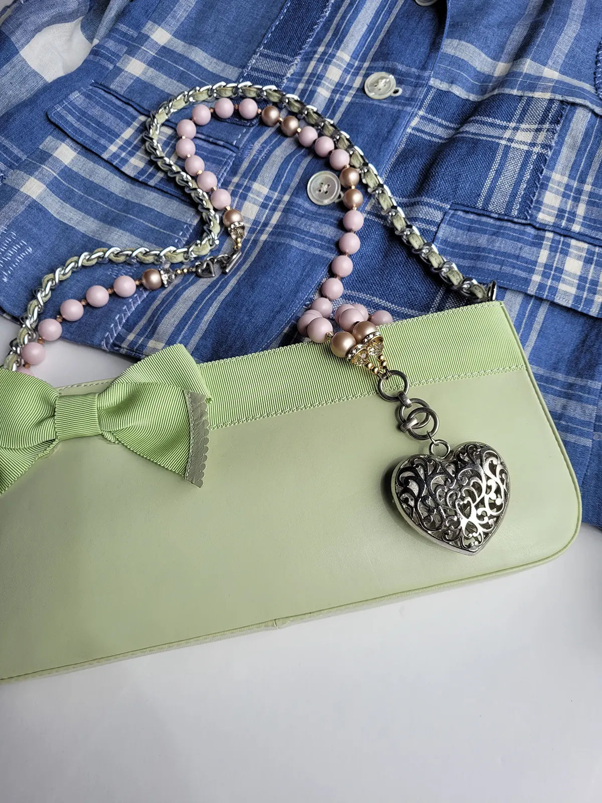 Vintage 2000s Designer Beverly Feldman Leather Purse in the Sweetest Mint Green & Plaid Lining - Chain Strap & Little Bow with Intricate Scalloped Leather Edging (Original Dustbag Included)