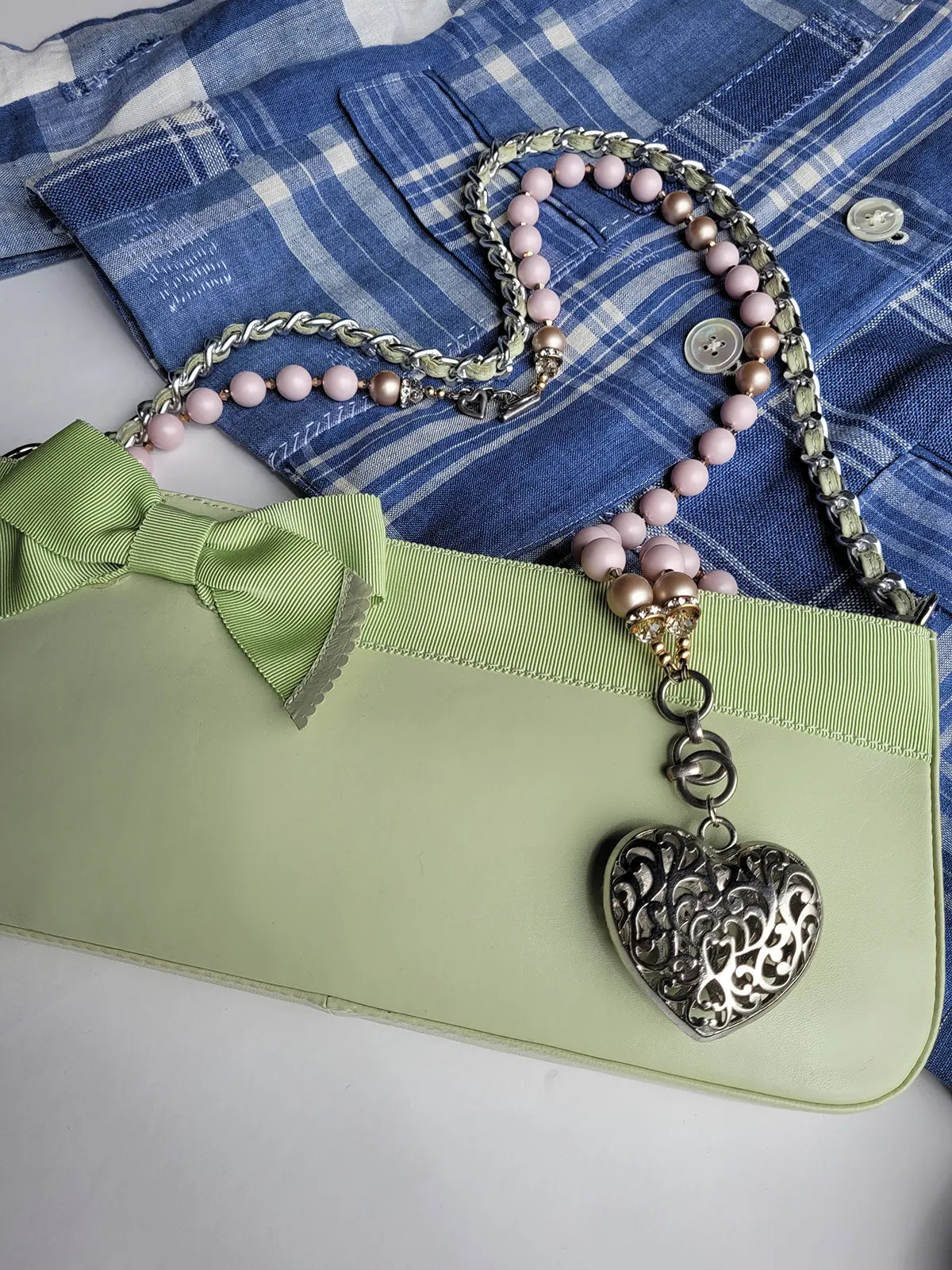 Vintage 2000s Designer Beverly Feldman Leather Purse in the Sweetest Mint Green & Plaid Lining - Chain Strap & Little Bow with Intricate Scalloped Leather Edging (Original Dustbag Included)