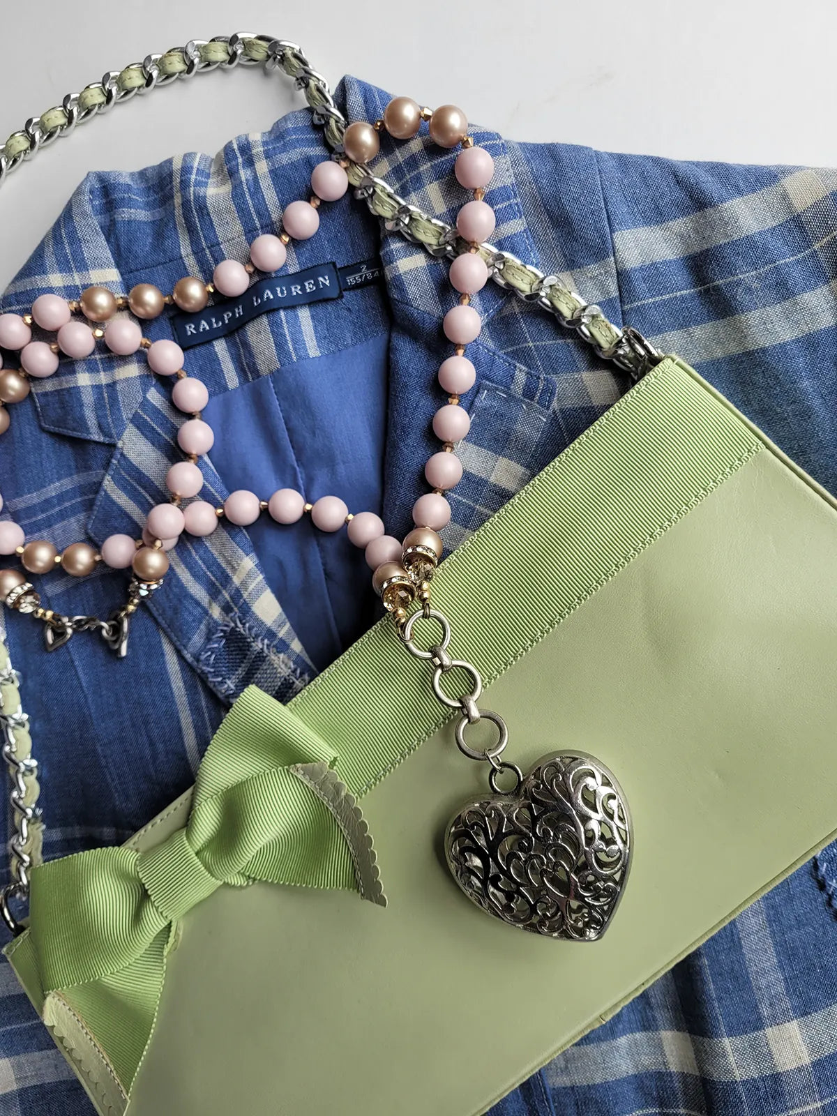 Vintage 2000s Designer Beverly Feldman Leather Purse in the Sweetest Mint Green & Plaid Lining - Chain Strap & Little Bow with Intricate Scalloped Leather Edging (Original Dustbag Included)