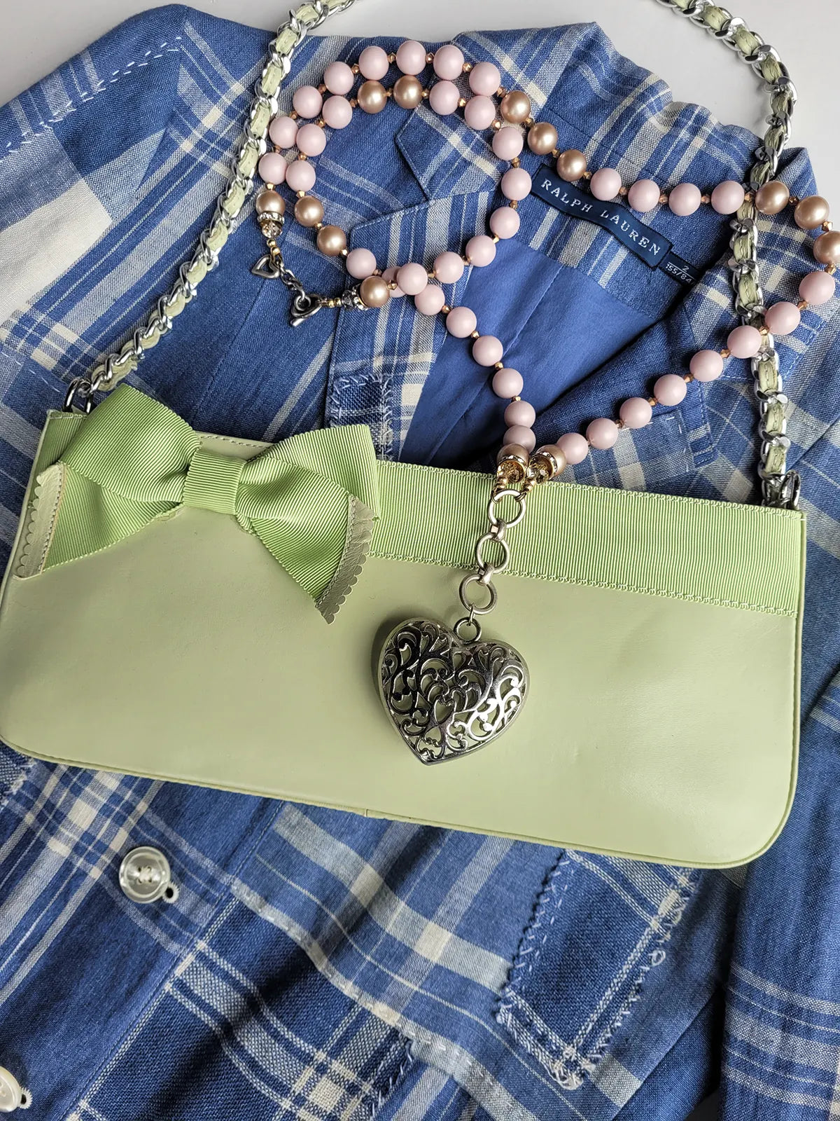 Vintage 2000s Designer Beverly Feldman Leather Purse in the Sweetest Mint Green & Plaid Lining - Chain Strap & Little Bow with Intricate Scalloped Leather Edging (Original Dustbag Included)