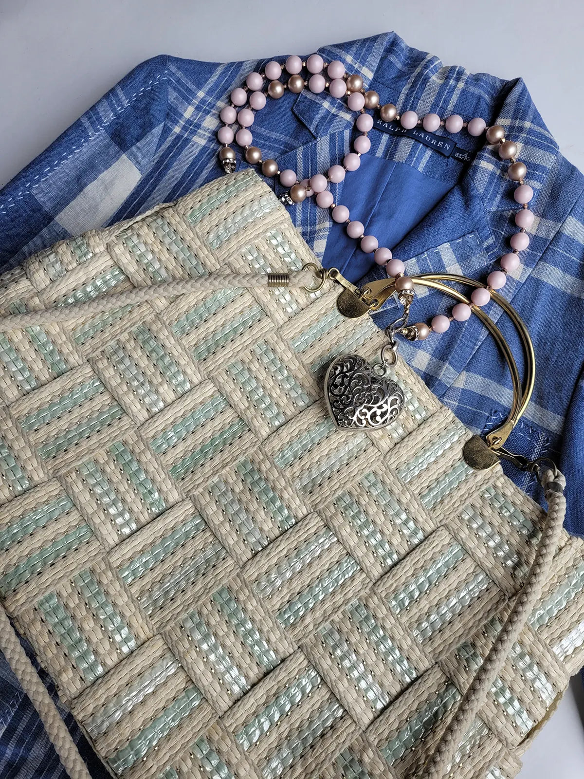 1960s European Chic Baby Blue & Cream with Metallic Threads - Woven Day / Weekender Bag - Gold Metal Hardware