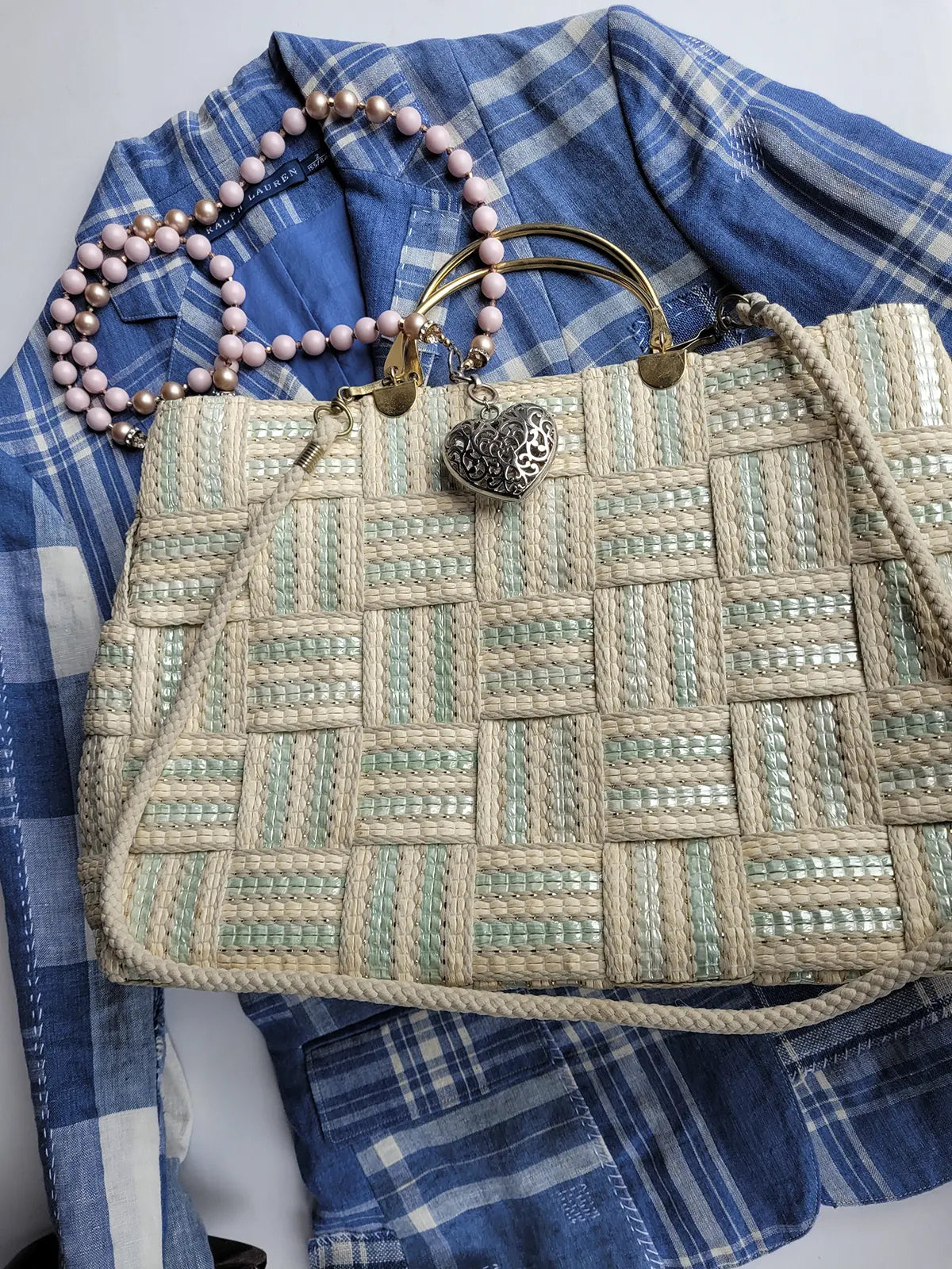 1960s European Chic Baby Blue & Cream with Metallic Threads - Woven Day / Weekender Bag - Gold Metal Hardware