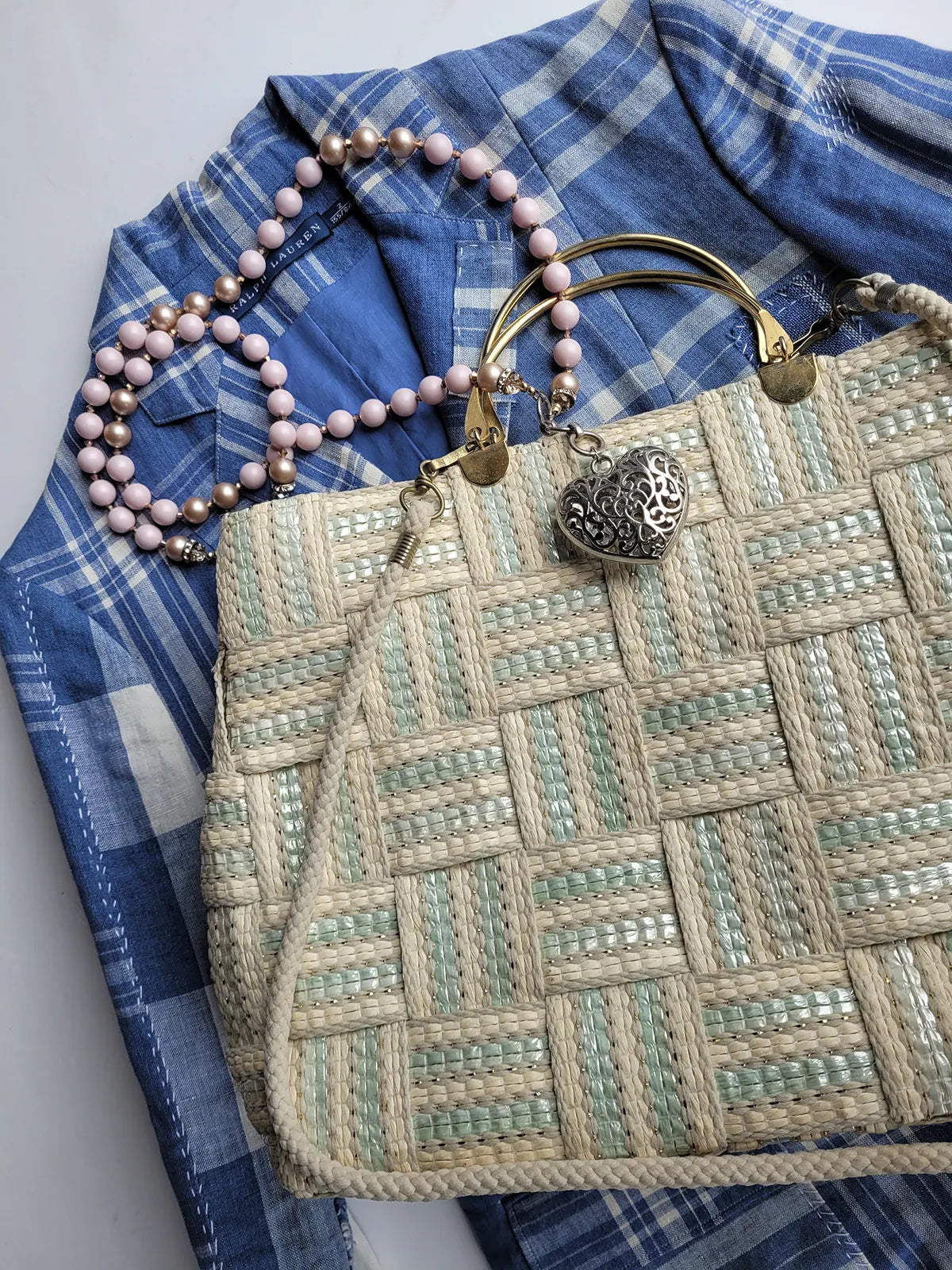 1960s European Chic Baby Blue & Cream with Metallic Threads - Woven Day / Weekender Bag - Gold Metal Hardware