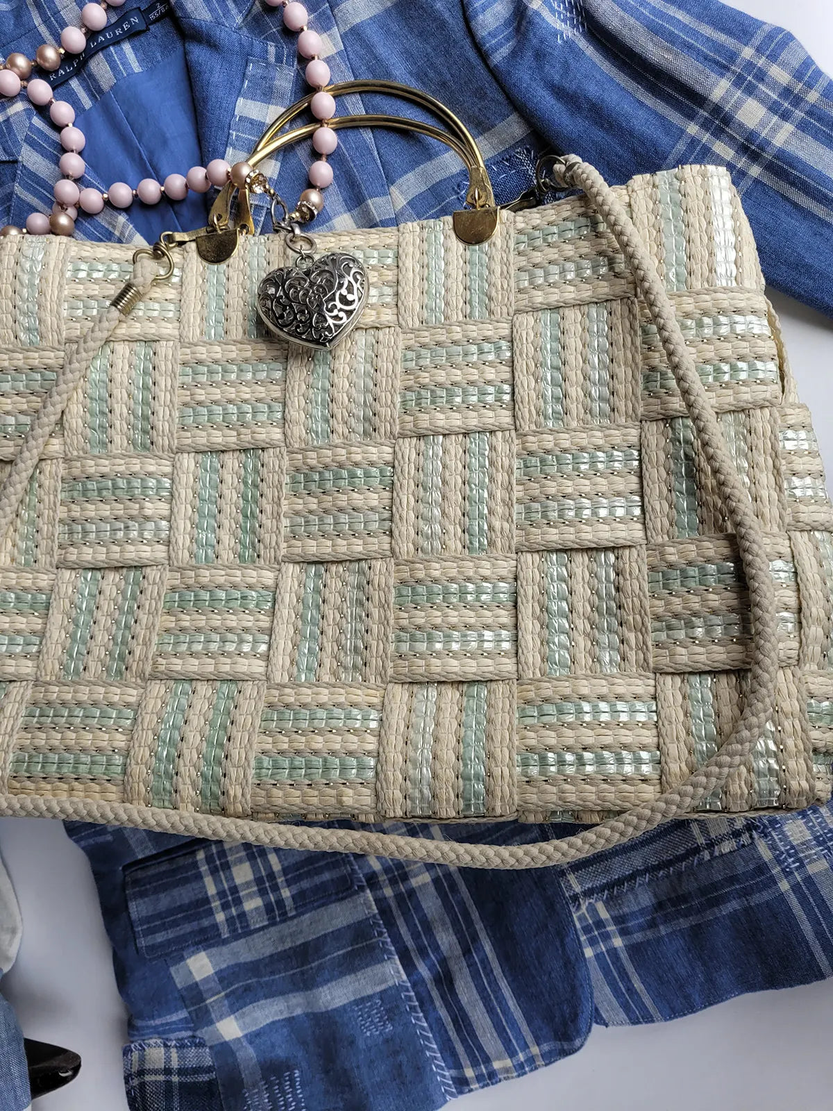 1960s European Chic Baby Blue & Cream with Metallic Threads - Woven Day / Weekender Bag - Gold Metal Hardware