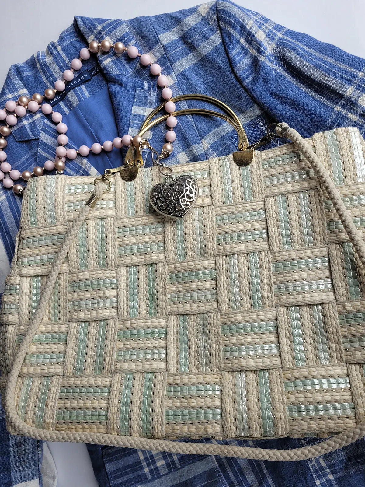 1960s European Chic Baby Blue & Cream with Metallic Threads - Woven Day / Weekender Bag - Gold Metal Hardware