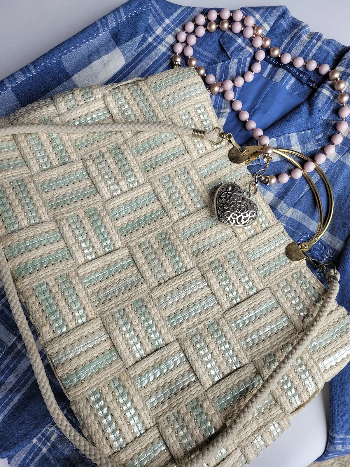 1960s European Chic Baby Blue & Cream with Metallic Threads - Woven Day / Weekender Bag - Gold Metal Hardware