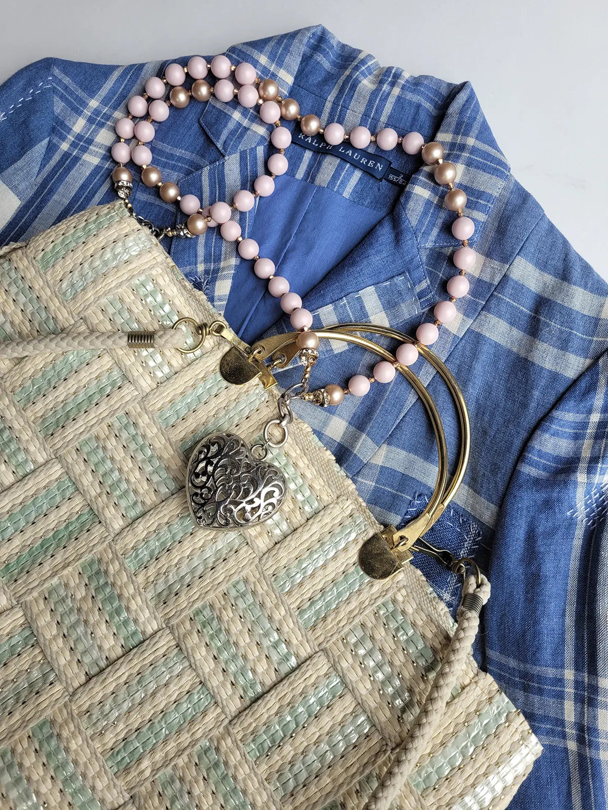 1960s European Chic Baby Blue & Cream with Metallic Threads - Woven Day / Weekender Bag - Gold Metal Hardware