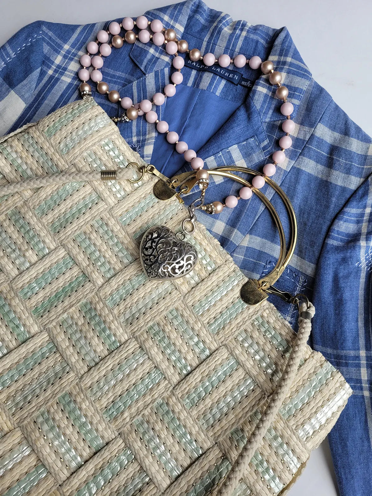 1960s European Chic Baby Blue & Cream with Metallic Threads - Woven Day / Weekender Bag - Gold Metal Hardware