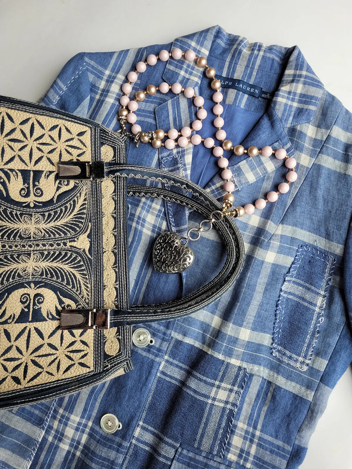 Incredible Vintage 1960S Satin Blue & Ivory - Fully Embroidered Purse in Cream - Silver Hardware