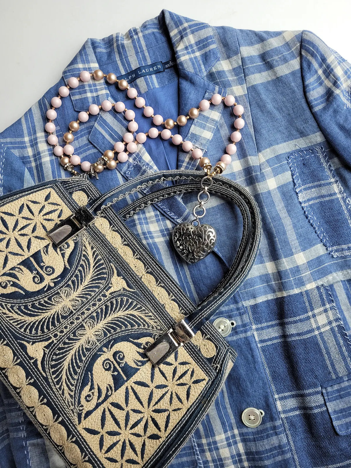Incredible Vintage 1960S Satin Blue & Ivory - Fully Embroidered Purse in Cream - Silver Hardware