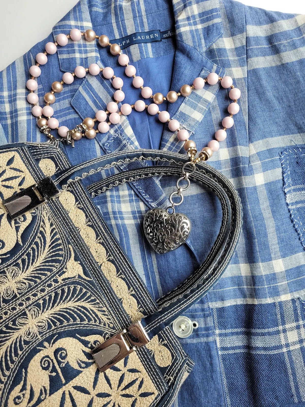 Incredible Vintage 1960S Satin Blue & Ivory - Fully Embroidered Purse in Cream - Silver Hardware