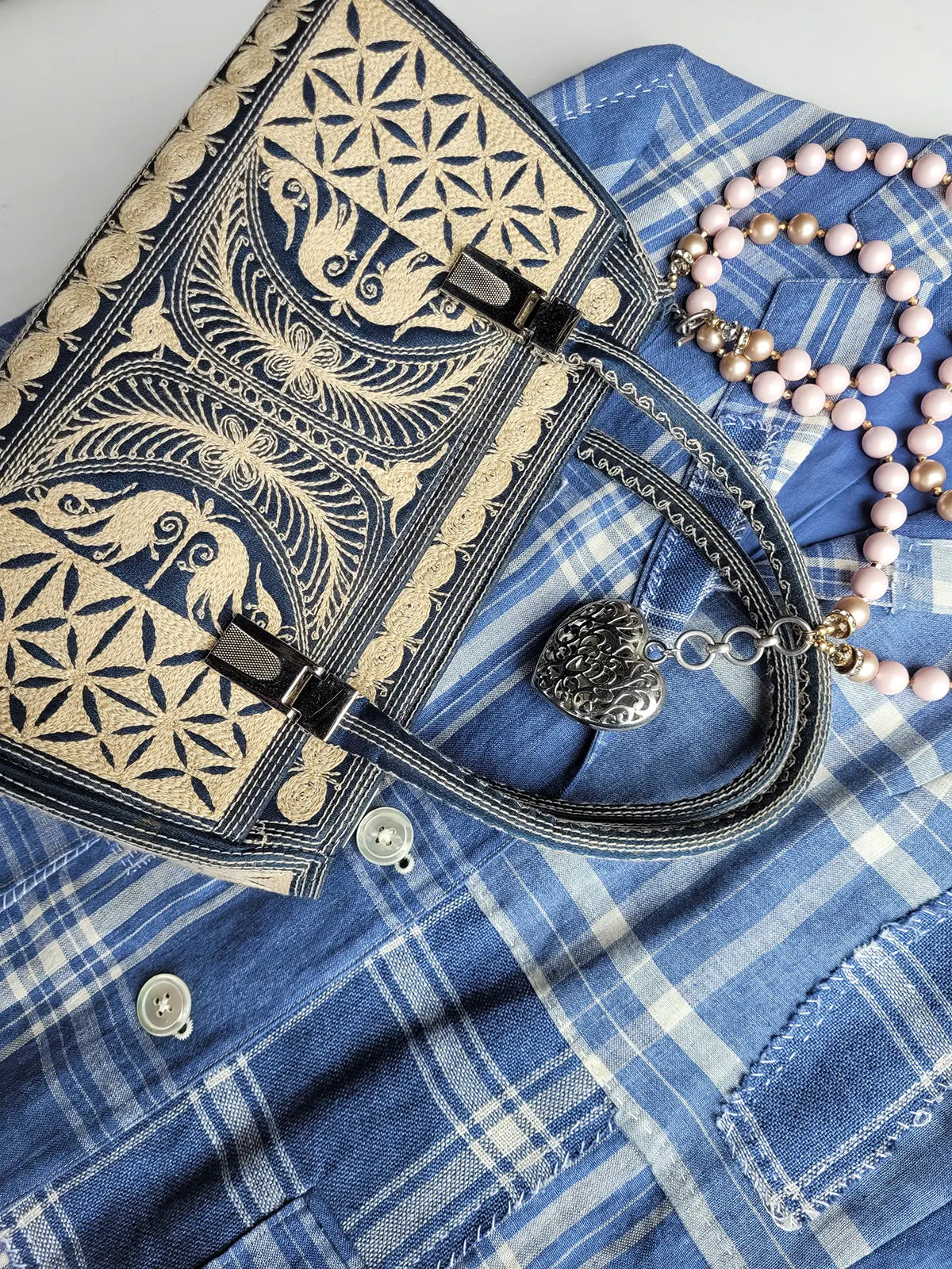 Incredible Vintage 1960S Satin Blue & Ivory - Fully Embroidered Purse in Cream - Silver Hardware