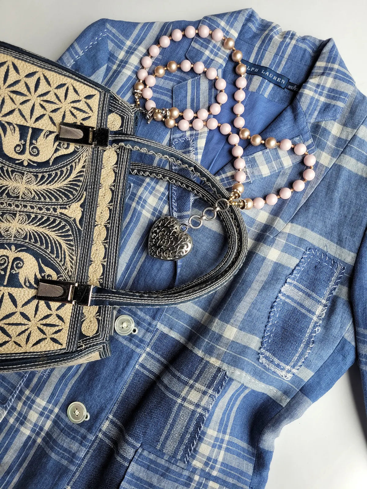 Incredible Vintage 1960S Satin Blue & Ivory - Fully Embroidered Purse in Cream - Silver Hardware