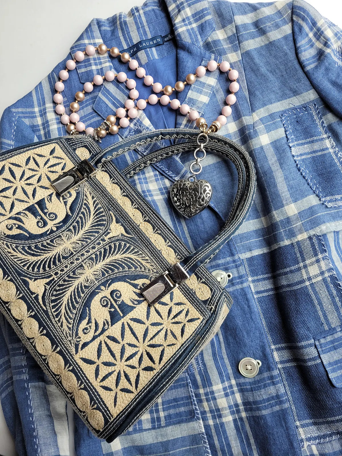 Incredible Vintage 1960S Satin Blue & Ivory - Fully Embroidered Purse in Cream - Silver Hardware