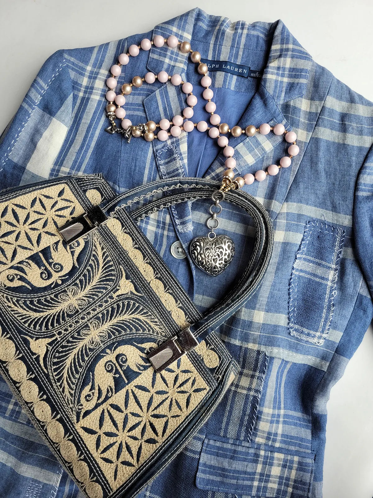 Incredible Vintage 1960S Satin Blue & Ivory - Fully Embroidered Purse in Cream - Silver Hardware