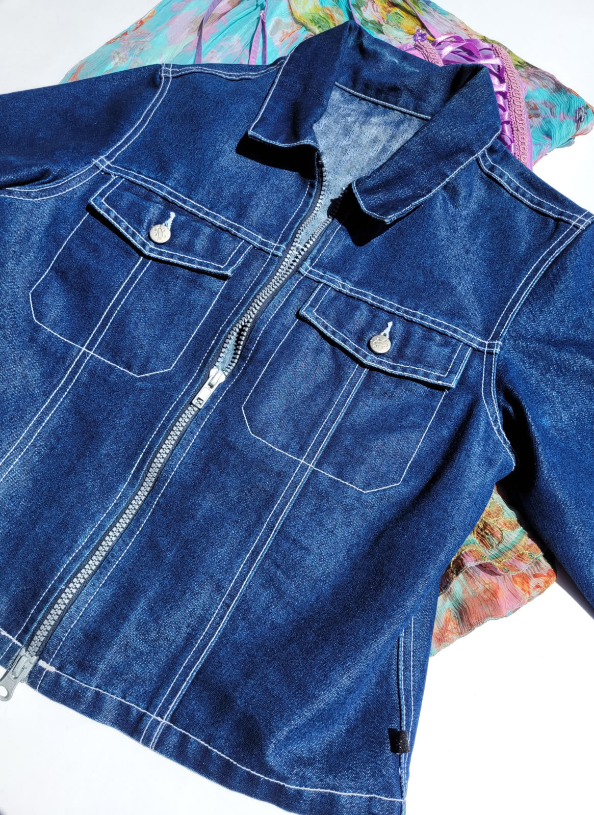 1990s Authentic Vintage Denim Workwear Motorcycle Style Jacket - Contrast Stitching - wear open or closed - ultra sexy cropped boxy fit with pockets