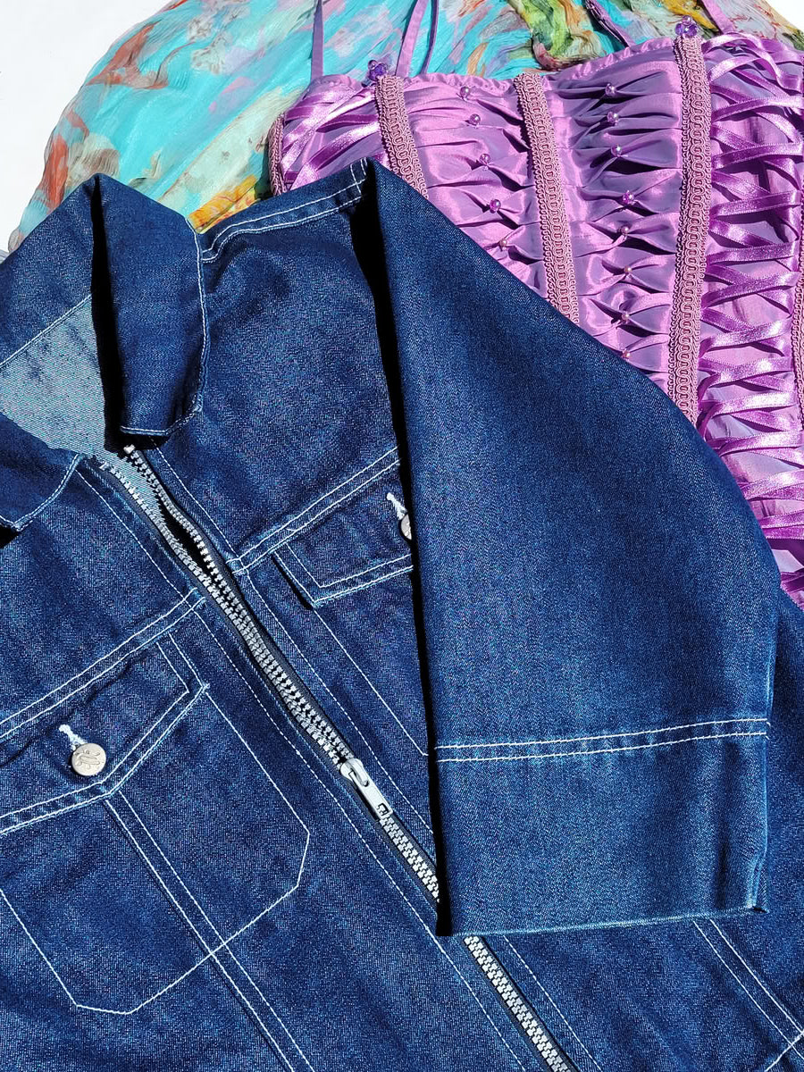 1990s Authentic Vintage Denim Workwear Motorcycle Style Jacket - Contrast Stitching - wear open or closed - ultra sexy cropped boxy fit with pockets