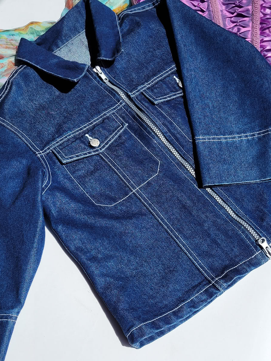 1990s Authentic Vintage Denim Workwear Motorcycle Style Jacket - Contrast Stitching - wear open or closed - ultra sexy cropped boxy fit with pockets