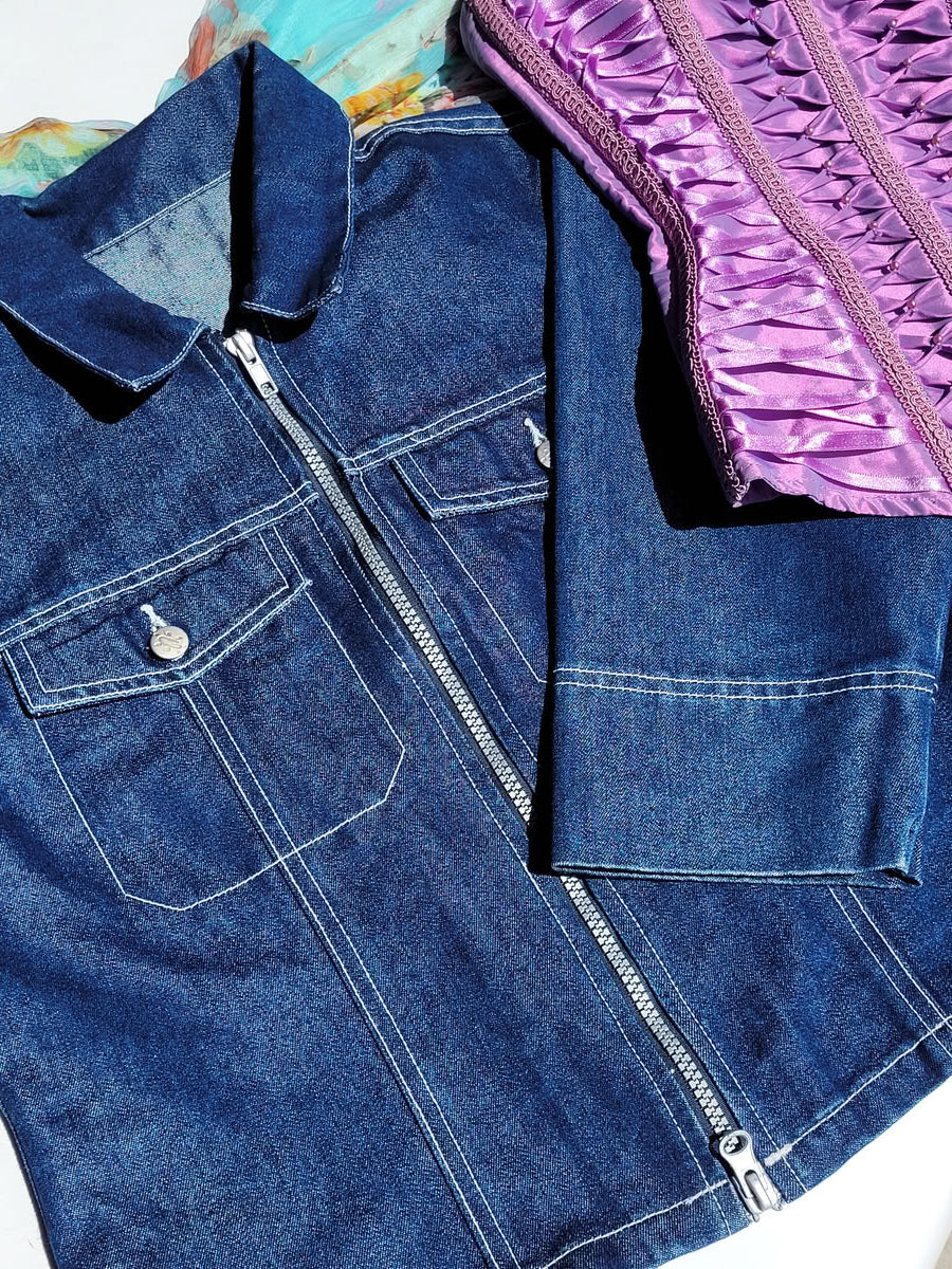 1990s Authentic Vintage Denim Workwear Motorcycle Style Jacket - Contrast Stitching - wear open or closed - ultra sexy cropped boxy fit with pockets