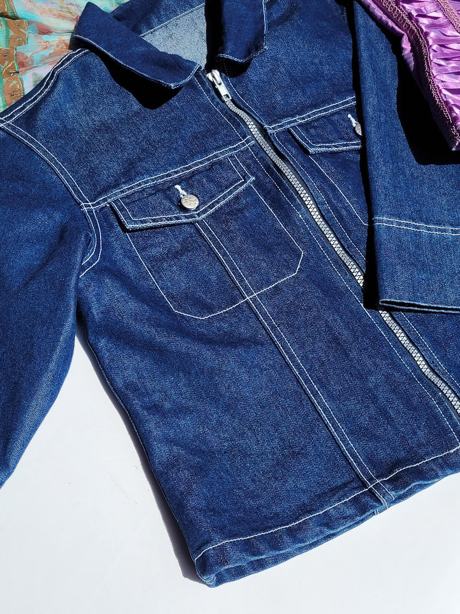 1990s Authentic Vintage Denim Workwear Motorcycle Style Jacket - Contrast Stitching - wear open or closed - ultra sexy cropped boxy fit with pockets