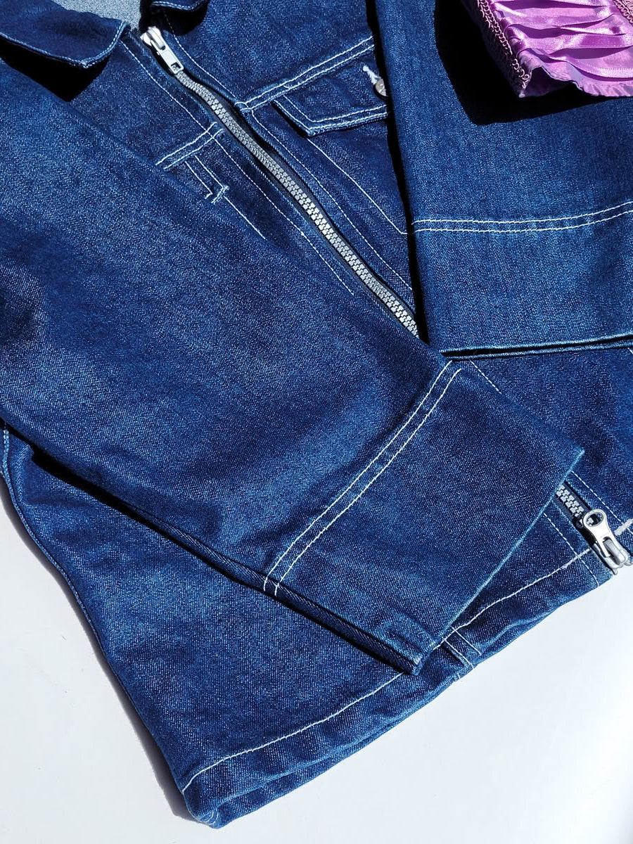 1990s Authentic Vintage Denim Workwear Motorcycle Style Jacket - Contrast Stitching - wear open or closed - ultra sexy cropped boxy fit with pockets