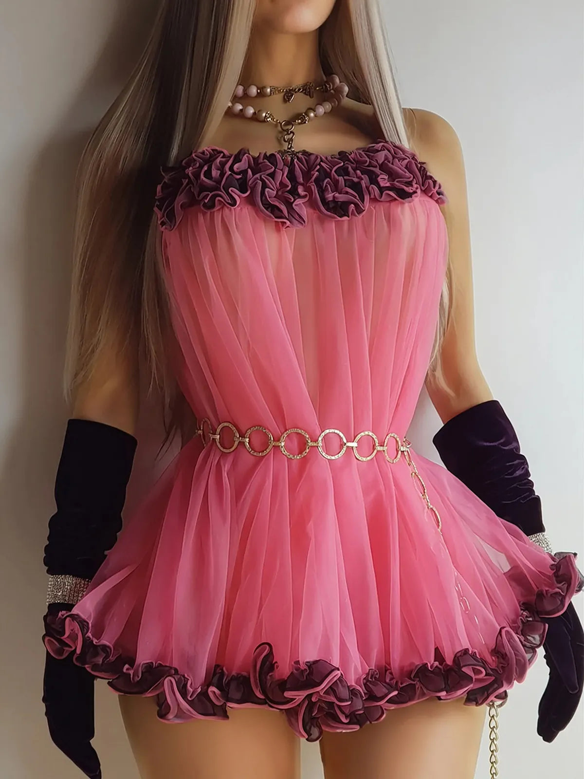 Incredible 1960s Hollywood - Jayne Mansfield- Pink & Black - Mesh Multi-layered Babydoll Mini Dress